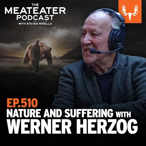 MEATEATER podcast cover: man with headset beside bear; text 'EP.510 NATURE AND SUFFERING'