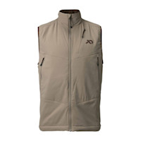 First Lite men's tan insulated puffy vest with stand-up collar and zip pockets