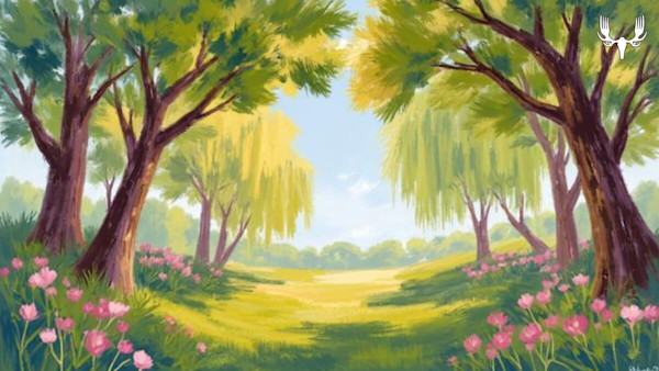 Sunlit meadow clearing framed by trees and pink wildflowers, MeatEater logo top-right