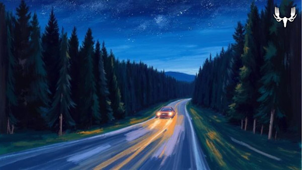 Car driving at night on winding forest road under stars; MeatEater logo in top-right