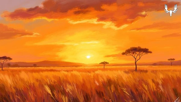 Orange savanna sunset with tall grass and acacia trees; MeatEater logo top-right
