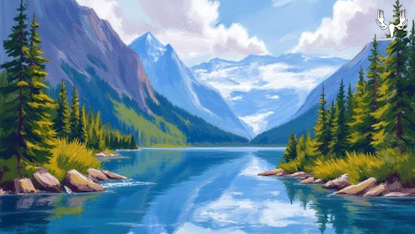 Mountain lake with pine-lined shore, snow-capped peaks and reflections; MeatEater logo top-right