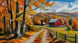 Autumn farm road leading to red barns, golden trees and split-rail fence; MeatEater logo top right