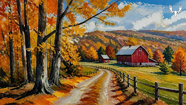 Autumn farm road leading to red barns, golden trees and split-rail fence; MeatEater logo top right