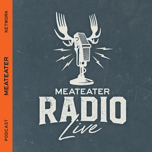 MEATEATER RADIO Live logo — microphone with antler forks; left orange bar reads PODCAST MEATEATER NETWORK