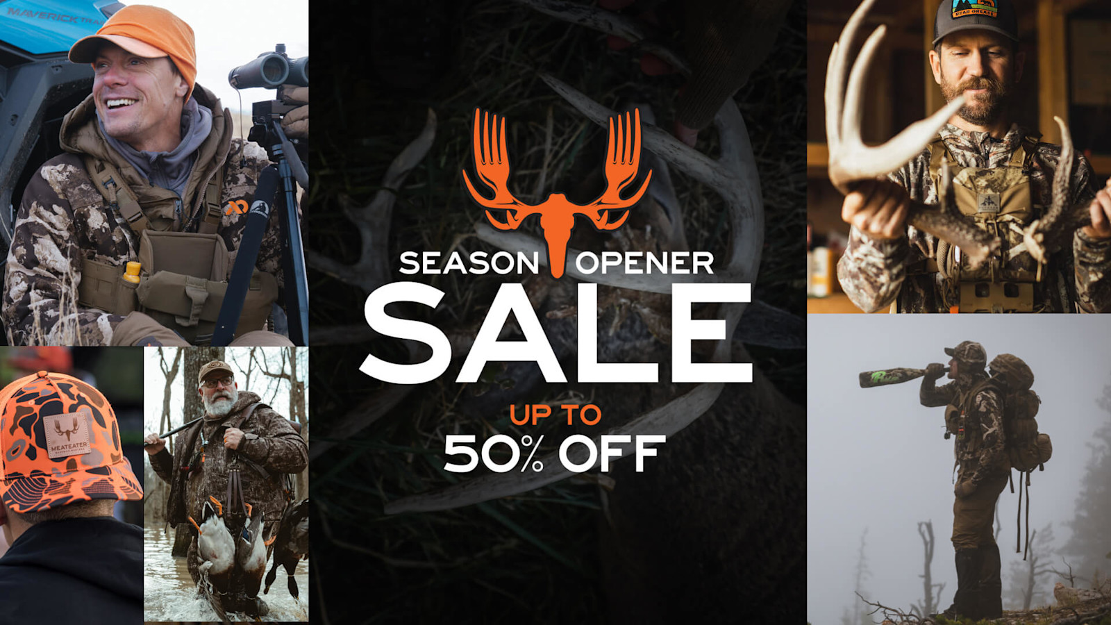SEASON OPENER SALE — UP TO 50% OFF; collage of hunters in camouflage with gear