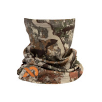 Midweight merino neck gaiter, camouflage pattern with orange First Lite logo