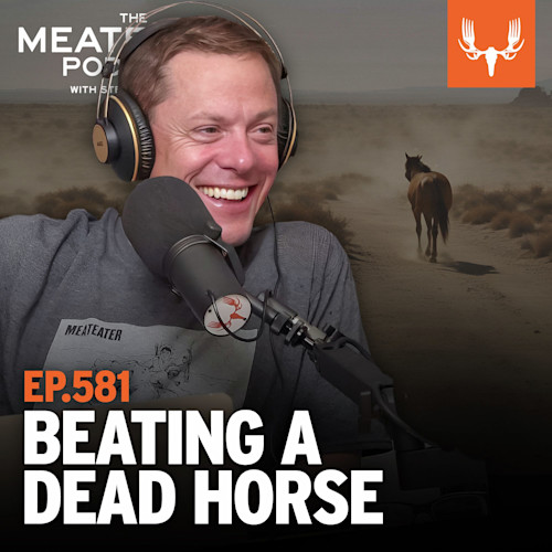 Man wearing headphones speaking into microphone, text "EP.581" and "BEATING A DEAD HORSE"