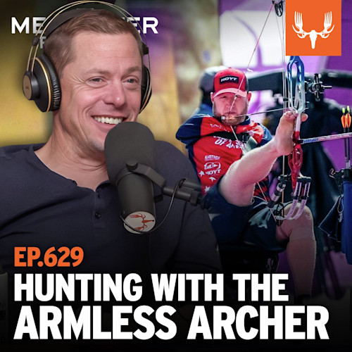 EP.629 HUNTING WITH THE ARMLESS ARCHER — podcast host wearing headphones at mic; armless archer aiming bow
