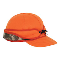 Blaze-orange hunting cap with fold-down ear flaps, camo band, short visor and black cord tie