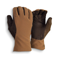 Brown First Lite soft-shell gloves with "FIRSTLITE" text on back and textured dark palm