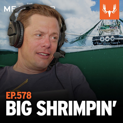 Man wearing headset and mic against shrimp boat backdrop; text "EP.578 BIG SHRIMPIN'"