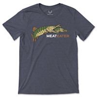 Dark heather T-shirt with illustration of a green fish swallowing smaller fish and text "MEATEATER"