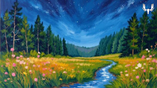 Night meadow with wildflowers, a winding stream, pine trees and a starry blue sky