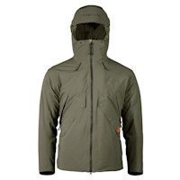 First Lite Uncompahgre Foundry jacket, olive hooded shell with high collar and center zipper