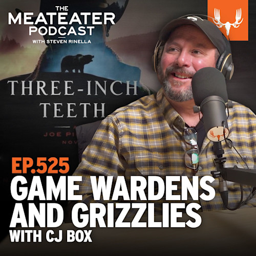 EP.525 GAME WARDENS AND GRIZZLIES WITH CJ BOX, smiling man in plaid shirt wearing headphones at microphone