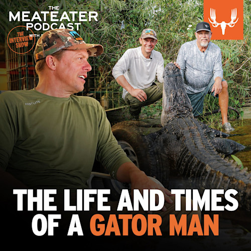 THE MEATEATER PODCAST cover: three men kneel by an alligator; 'THE INTERVIEW SHOW' and 'THE LIFE AND TIMES OF A GATOR MAN'