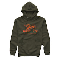 Olive-green hoodie with orange FIRST LITE logo and text "GO FARTHER. STAY LONGER."