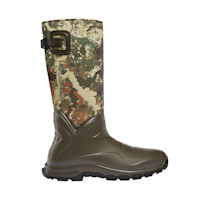 Camouflage neoprene hunting boot with LACROSSE on shaft and olive rubber lower