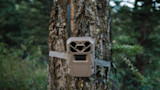 Wildlife trail camera with antenna and mounting strap
