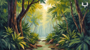 Tropical jungle clearing with sunbeam over a shallow stream; MeatEater logo upper-right