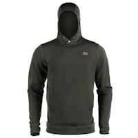 First Lite Furnace Hoody, olive pullover with hood, snap collar, chest logo