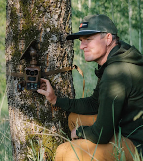 Janis Putelis kneeling in forest adjusting trail camera on tree