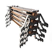 Stacked tree-climbing sticks with braided straps and serrated metal steps
