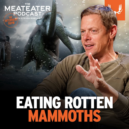 Steven Rinella speaking; artwork text THE MEATEATER PODCAST and EATING ROTTEN MAMMOTHS; woolly mammoths background