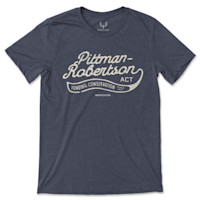 Pittman-Robertson ACT; FUNDING CONSERVATION SINCE 1937; MEATEATER printed on navy t-shirt