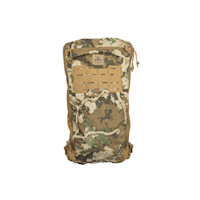 Camouflage hydration pack with FHF GEAR patch and tan laser-cut MOLLE panel