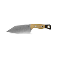 Culinary chef-style knife with wide stonewashed blade, wood handle, two rivets and lanyard hole