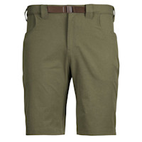 Olive green men's shorts with built-in brown webbing belt and front pockets