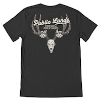 Back of T-shirt reading "Public Lands" and "FOREVER IN PUBLIC HANDS" above antlers and skull