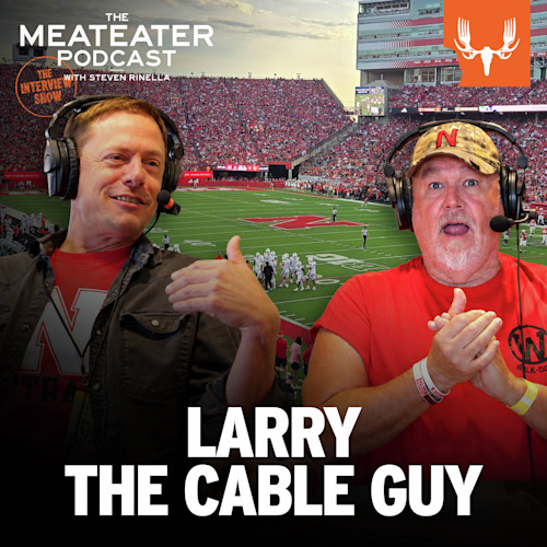 'THE MEATEATER PODCAST' banner: two men wearing headsets at football stadium; text 'LARRY THE CABLE GUY'