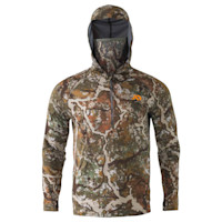 First Lite men's Approach Hoody in camo with hood, built-in face panel and quarter zip