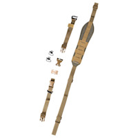 FHF Gear tan rifle sling and pack-attachment system with padded shoulder strap and buckles