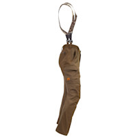 First Lite men's brown hunting pants with adjustable suspenders labeled 'FIRST LITE'