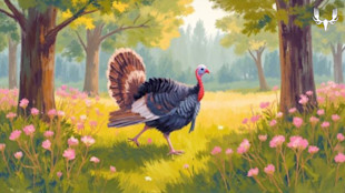 Wild turkey strutting in sunlit forest clearing, pink wildflowers; MeatEater logo top right