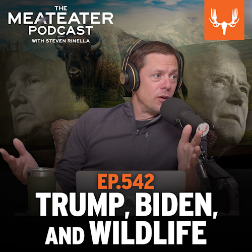 Steven Rinella speaking into a microphone; THE MEATEATER PODCAST; EP.542 TRUMP, BIDEN, AND WILDLIFE
