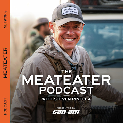 Steven Rinella smiling in Meateater Laboratories cap; overlay text THE MEATEATER PODCAST and WITH STEVEN RINELLA