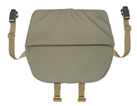 Padded folding field seat with olive-drab cover and tan adjustable straps, quick-release buckles