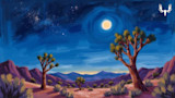 Moonlit desert painting with full moon, stars, Joshua trees, purple mountains, MeatEater logo