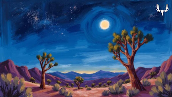 Moonlit desert painting with full moon, stars, Joshua trees, purple mountains, MeatEater logo