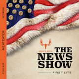 Flag of fur and salmon scales with shotgun-shell stars; MEATEATER logo, THE NEWS SHOW text, Presented by First Lite