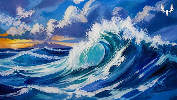 Large blue ocean wave curling and breaking under a cloudy sunset sky; MeatEater logo top-right