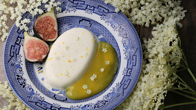 Creamy panna cotta with elderflower blossoms, fig halves, and yellow sauce on blue patterned plate
