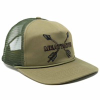 Olive-green trucker hat with mesh back, embroidered "MEATEATER" text and crossed arrows