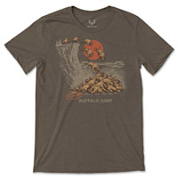 Brown t-shirt showing bison leaping off a cliff into a pile, red sun, text "BUFFALO JUMP"