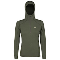 First Lite Women's Kiln Hoody, olive green hooded half-zip base layer with thumb holes